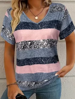 Women's T Shirt Graphic Striped Fashion Stylish Casual Long Sleeve V Neck Regular Tops Daily Sports Going out Print Pink Summer Spring