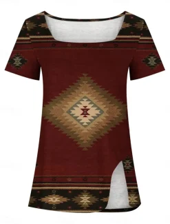Women's T Shirt Graphic Tribal Elegant Casual Short Sleeve Square Neck Notched Neck Regular Tops Daily Weekend Print Wine Summer Spring
