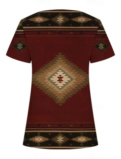 Women's T Shirt Graphic Tribal Elegant Casual Short Sleeve Square Neck Notched Neck Regular Tops Daily Weekend Print Wine Summer Spring