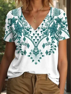 Women's T Shirt Graphic Tribal Vintage Stylish Casual Short Sleeve V Neck Regular Tops Daily Print White Summer Spring