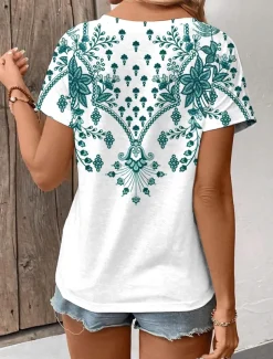 Women's T Shirt Graphic Tribal Vintage Stylish Casual Short Sleeve V Neck Regular Tops Daily Print White Summer Spring