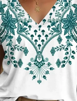 Women's T Shirt Graphic Tribal Vintage Stylish Casual Short Sleeve V Neck Regular Tops Daily Print White Summer Spring