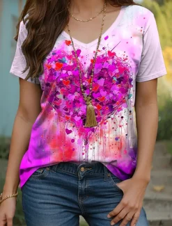 Women's T Shirt Heart Graphic Geometric Vintage Modern Casual Short Sleeve V Neck Regular Tops Daily Weekend Print Yellow Red Blue Purple Summer Spring