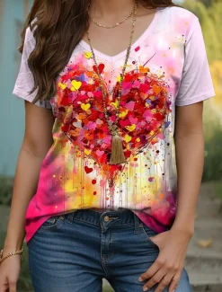 Women's T Shirt Heart Graphic Geometric Vintage Modern Casual Short Sleeve V Neck Regular Tops Daily Weekend Print Yellow Red Blue Purple Summer Spring