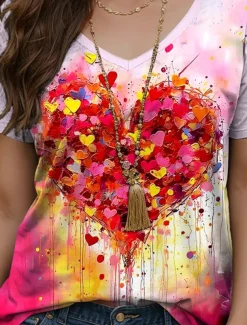 Women's T Shirt Heart Graphic Geometric Vintage Modern Casual Short Sleeve V Neck Regular Tops Daily Weekend Print Yellow Red Blue Purple Summer Spring
