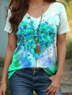 Women's T Shirt Heart Graphic Geometric Vintage Modern Casual Short Sleeve V Neck Regular Tops Daily Weekend Print Yellow Red Blue Purple Summer Spring