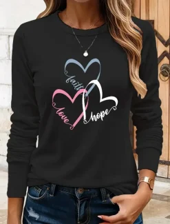 Women's T Shirt Heart Graphic Vintage Stylish Classic Long Sleeve Crew Neck Round Neck Regular Tops Daily Print Black Blue Khaki Rose Pink Summer Spring Fall