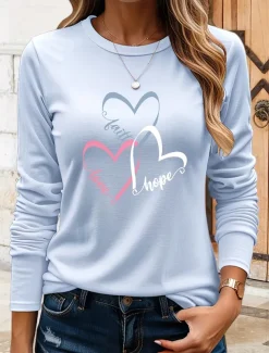 Women's T Shirt Heart Graphic Vintage Stylish Classic Long Sleeve Crew Neck Round Neck Regular Tops Daily Print Black Blue Khaki Rose Pink Summer Spring Fall