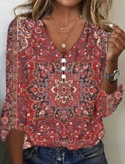 Women's T Shirt Henley Shirt Floral Vintage Ethnic Daily Basic 3/4 Length Sleeve V Neck Regular Tops Holiday Weekend Buttons Print Red Purple Green Khaki Gray Fall & Winter