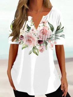 Women's T Shirt Henley Shirt Floral Butterfly Tunic Basic Short Sleeve Round Neck Regular Tops Holiday Weekend Buttons Print White Purple