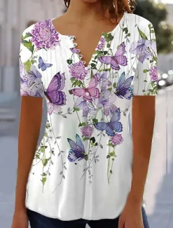 Women's T Shirt Henley Shirt Floral Butterfly Tunic Basic Short Sleeve Round Neck Regular Tops Holiday Weekend Buttons Print White Purple