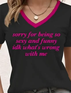 Women's T Shirt Letter Stylish Casual Short Sleeve V Neck Regular Tops Daily Print Black Summer