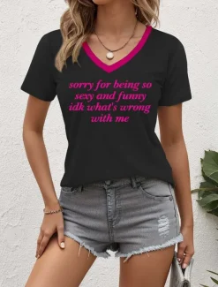 Women's T Shirt Letter Stylish Casual Short Sleeve V Neck Regular Tops Daily Print Black Summer