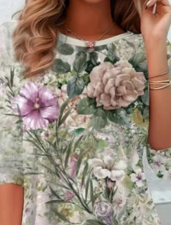 Women's T shirt Long Sleeve Crew Neck Long Sleeve Tunic Floral Elegant Vintage Casual Regular Tops Daily Print Sage Green Spring Fall Prefall