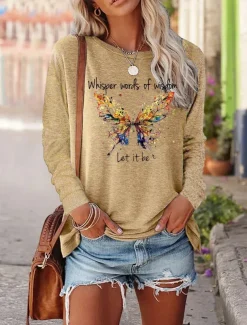Women's T shirt Long Sleeve Tee Black Pink Blue Butterfly Letter Print Long Sleeve Casual Hawaiian Round Neck Long Loose Fit Butterfly S Prefall