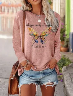 Women's T shirt Long Sleeve Tee Black Pink Blue Butterfly Letter Print Long Sleeve Casual Hawaiian Round Neck Long Loose Fit Butterfly S Prefall