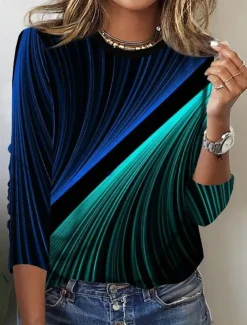Women's T shirt Long Sleeve Ombre Casual Long Tops Daily Print Black Blue Dark Green Spring, Fall, Winter, Prefall