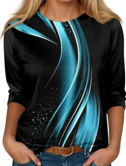 Women's T shirt Long Sleeve Ombre Casual Long Tops Daily Print Black Blue Dark Green Spring, Fall, Winter, Prefall
