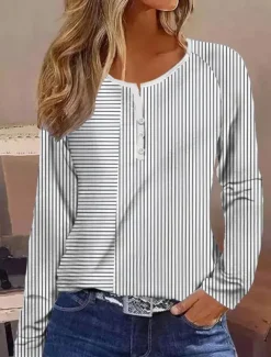 Women's T shirt Long Sleeve Striped Daily Casual Long Sleeve V Neck Regular Tops Daily Holiday Buttons Pink Red Gray Spring Fall Winter Prefall
