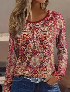 Women's T shirt Long Sleeve Striped Daily Casual Long Sleeve V Neck Regular Tops Daily Holiday Buttons Pink Red Gray Spring Fall Winter Prefall