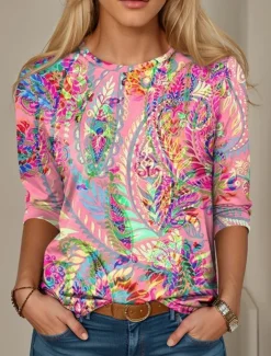 Women's T shirt Long Sleeve Casual Print Regular Tops Daily Pink Spring Fall Prefall