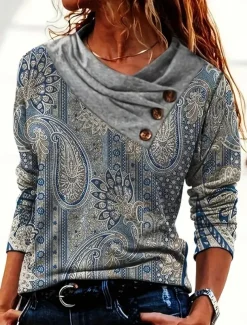 Women's T shirt Long Sleeve Graphic Geometric Plants Basic Long Sleeve Pile Neck V Neck Regular Tops Daily Sports Weekend Buttons Print Green Gray Spring Fall Winter Prefall