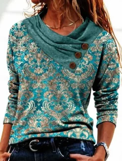 Women's T shirt Long Sleeve Graphic Geometric Plants Basic Long Sleeve Pile Neck V Neck Regular Tops Daily Sports Weekend Buttons Print Green Gray Spring Fall Winter Prefall