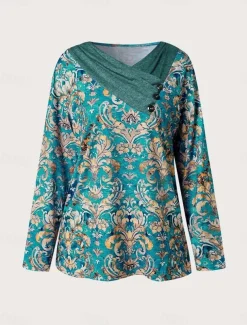 Women's T shirt Long Sleeve Graphic Geometric Plants Basic Long Sleeve Pile Neck V Neck Regular Tops Daily Sports Weekend Buttons Print Green Gray Spring Fall Winter Prefall