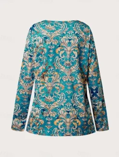 Women's T shirt Long Sleeve Graphic Geometric Plants Basic Long Sleeve Pile Neck V Neck Regular Tops Daily Sports Weekend Buttons Print Green Gray Spring Fall Winter Prefall