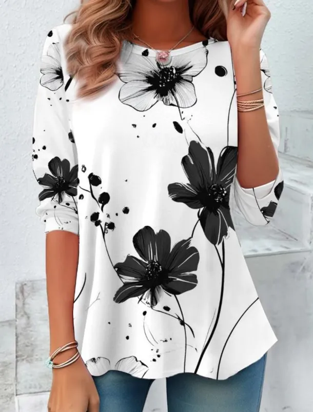 Women's T shirt Long Sleeve Crew Neck Long Sleeve Tunic Floral Graphic Casual Regular Tops Daily Print Black and White Spring Fall Prefall