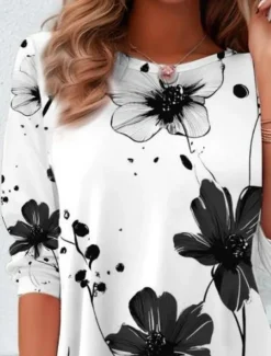 Women's T shirt Long Sleeve Crew Neck Long Sleeve Tunic Floral Graphic Casual Regular Tops Daily Print Black and White Spring Fall Prefall