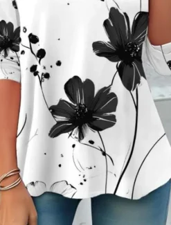Women's T shirt Long Sleeve Crew Neck Long Sleeve Tunic Floral Graphic Casual Regular Tops Daily Print Black and White Spring Fall Prefall