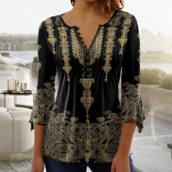 Women's T shirt Long Sleeve Blouse Graphic Vintage Basic Long Sleeve Round Neck Regular Tops Casual Weekend Buttons Print Black Spring Fall Prefall