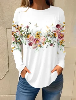 Women's T shirt Long Sleeve Basic Floral Print Long Sleeve Regular Tops Round Neck Holiday Weekend White Pink Red Navy Blue Blue Fall & Winter Prefall