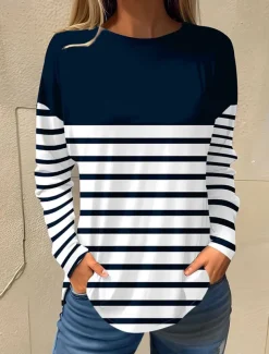Women's T shirt Long Sleeve Basic Floral Print Long Sleeve Regular Tops Round Neck Holiday Weekend White Pink Red Navy Blue Blue Fall & Winter Prefall