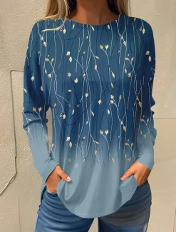 Women's T shirt Long Sleeve Basic Floral Print Long Sleeve Regular Tops Round Neck Holiday Weekend White Pink Red Navy Blue Blue Fall & Winter Prefall