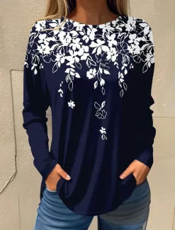 Women's T shirt Long Sleeve Basic Floral Print Long Sleeve Regular Tops Round Neck Holiday Weekend White Pink Red Navy Blue Blue Fall & Winter Prefall