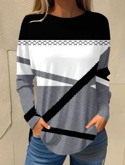 Women's T shirt Long Sleeve Basic Floral Print Long Sleeve Regular Tops Round Neck Holiday Weekend White Pink Red Navy Blue Blue Fall & Winter Prefall