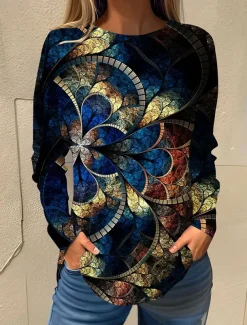 Women's T shirt Long Sleeve Basic Floral Print Long Sleeve Regular Tops Round Neck Holiday Weekend White Pink Red Navy Blue Blue Fall & Winter Prefall