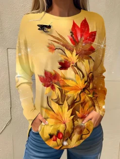 Women's T shirt Long Sleeve Basic Floral Print Long Sleeve Regular Tops Round Neck Holiday Weekend White Pink Red Navy Blue Blue Fall & Winter Prefall