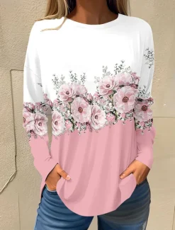 Women's T shirt Long Sleeve Basic Floral Print Long Sleeve Regular Tops Round Neck Holiday Weekend White Pink Red Navy Blue Blue Fall & Winter Prefall