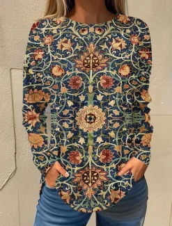 Women's T shirt Long Sleeve Basic Floral Print Long Sleeve Regular Tops Round Neck Holiday Weekend White Pink Red Navy Blue Blue Fall & Winter Prefall