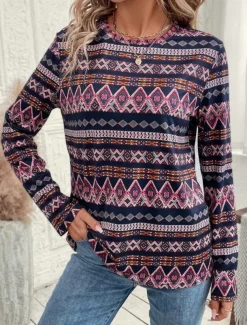 Women's T shirt Long Sleeve Crew Neck Long Sleeve Tunic Geometric Vintage Casual Regular Tops Daily Print Navy Blue Spring Fall Prefall