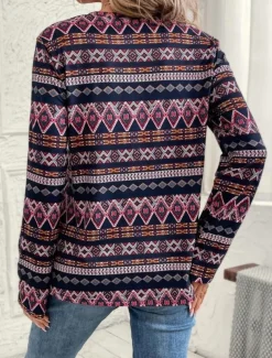 Women's T shirt Long Sleeve Crew Neck Long Sleeve Tunic Geometric Vintage Casual Regular Tops Daily Print Navy Blue Spring Fall Prefall