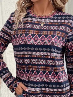Women's T shirt Long Sleeve Crew Neck Long Sleeve Tunic Geometric Vintage Casual Regular Tops Daily Print Navy Blue Spring Fall Prefall