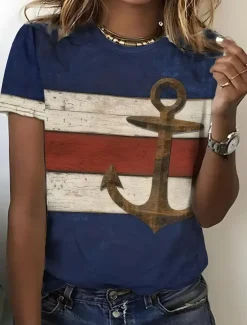 Women's T Shirt Ocean Tropical Hawaiian Casual Short Sleeve Round Neck Regular Tops Daily Sports Going out Print Blue Summer