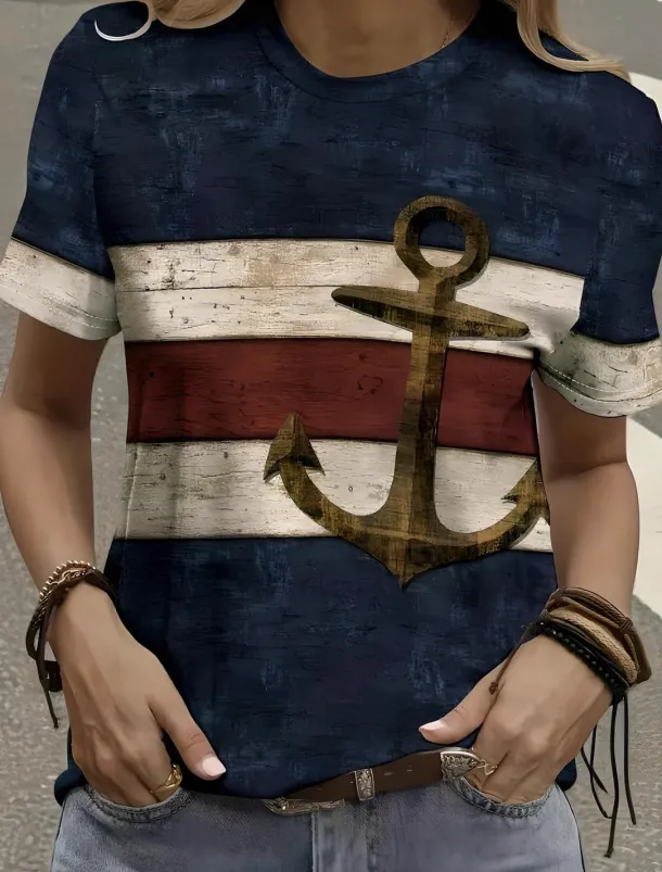 Women's T Shirt Ocean Tropical Hawaiian Casual Short Sleeve Round Neck Regular Tops Daily Sports Going out Print Blue Summer