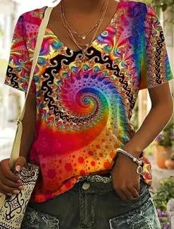 Women's T Shirt Ombre Bohemia Fashion Hawaiian Long Sleeve V Neck Regular Tops Daily Sports Going out Print Red Summer Spring