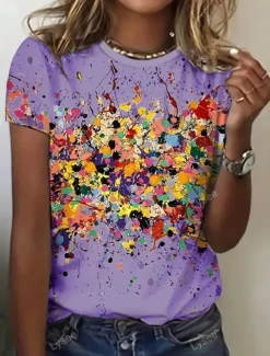 Women's T Shirt Ombre Casual Short Sleeve Round Neck Regular Tops Daily Print Purple Beige Summer