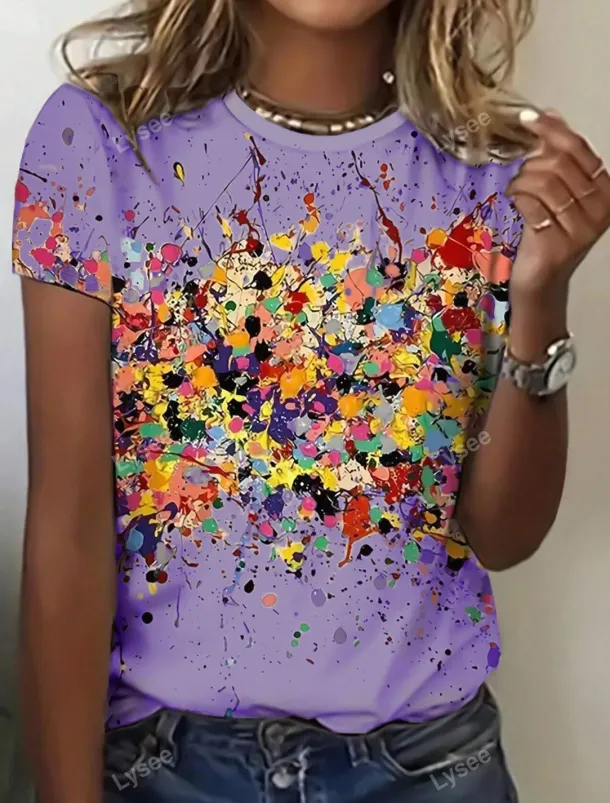 Women's T Shirt Ombre Casual Short Sleeve Round Neck Regular Tops Daily Print Purple Beige Summer